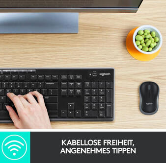 Komfortabel tippen: Das Design der Tastatur sorgt für ein angenehmes Tipperlebnis dank der flachen, leisen Tasten und des Standard-Layouts mit F-Tasten, Nummernblock & Pfeiltasten in Standardgröße. Bequeme Maus: Die kompakte kabellose Maus ist für Links- u