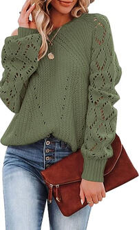 Dokotoo Damen Langarm Grobstrick Pulli ideal für den Herbst. Rundhalsausschnitt, lange Laternenärmel, lockere Passform, reine Farbe, gehäkeltes Ösen Design, Pointelle, ausgehöhlt, niedliche Tunika Pullover für Frauen. Aus hochwertigem Garn (100% Polyacryl)