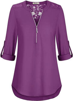 Diese lässige Bluse für Frauen verfügt über einen V-Ausschnitt, 3/4-Ärmel mit Knopf, gebogenem Saum, Spitzen-Patchwork, Chiffon-Stoff, leicht durchsichtig, fließend und bequem.Ideal für Arbeit, Büro, Business, Interview, Club, andere formelle Anlässe oder